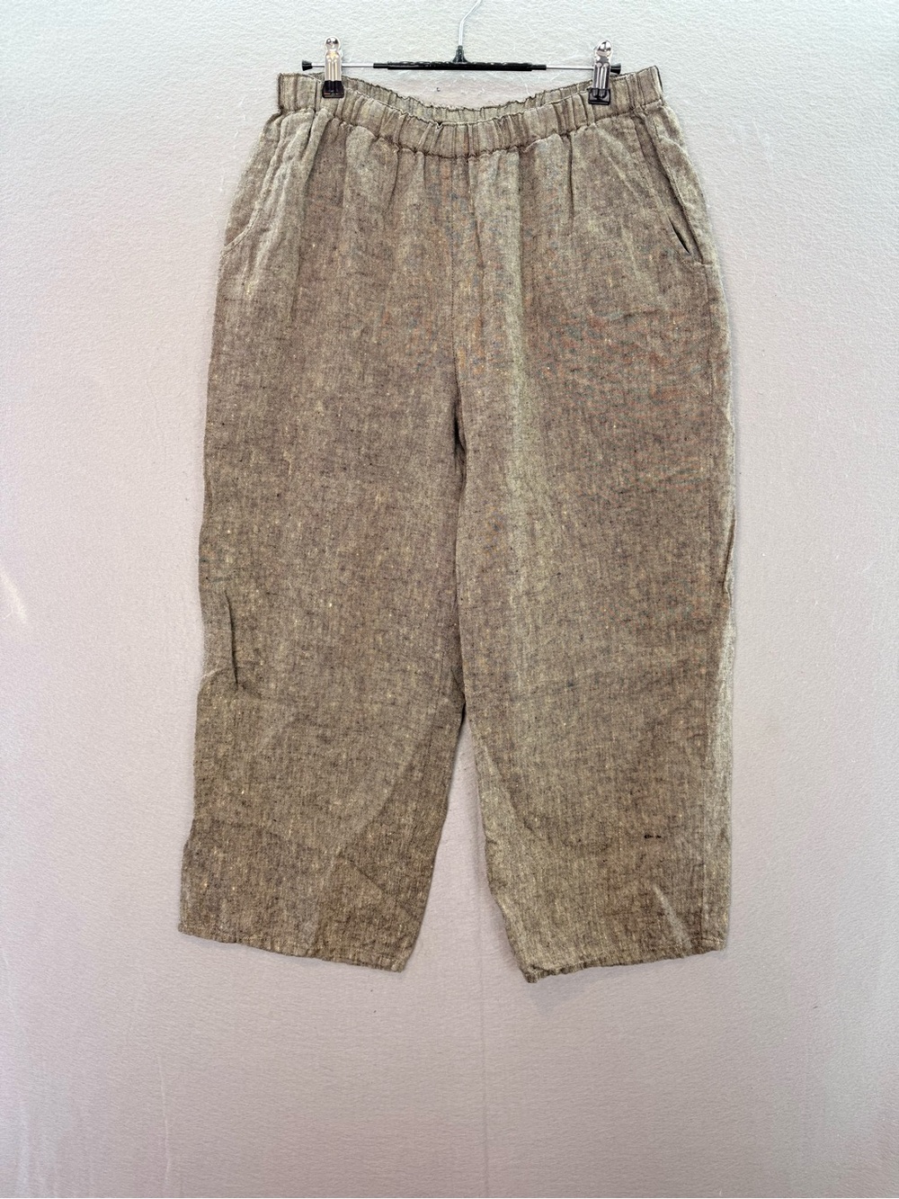 FLAX - women’s 100% linen grey / brown trousers pull on pants cropped size S